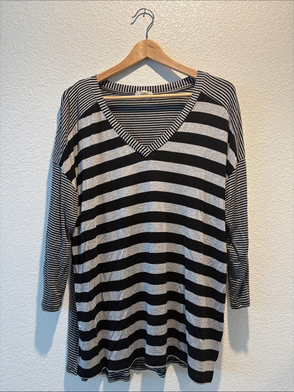 Jane and Delancey Black and Grey Striped V-Neck Tunic